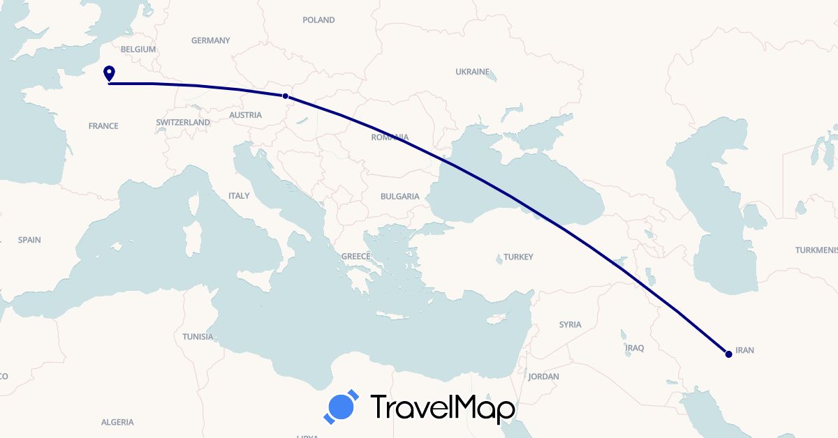 TravelMap itinerary: driving in Austria, France, Iran (Asia, Europe)